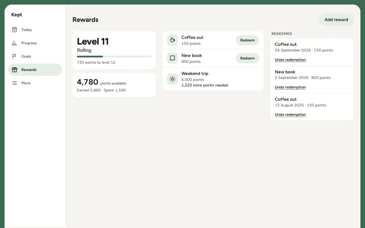 Rewards in Kept: the level, the points available, the rewards to redeem and what was redeemed